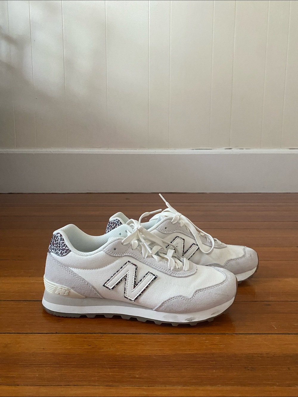 New Balance White & Light Gray Casual Sneakers with Leopard Heel
